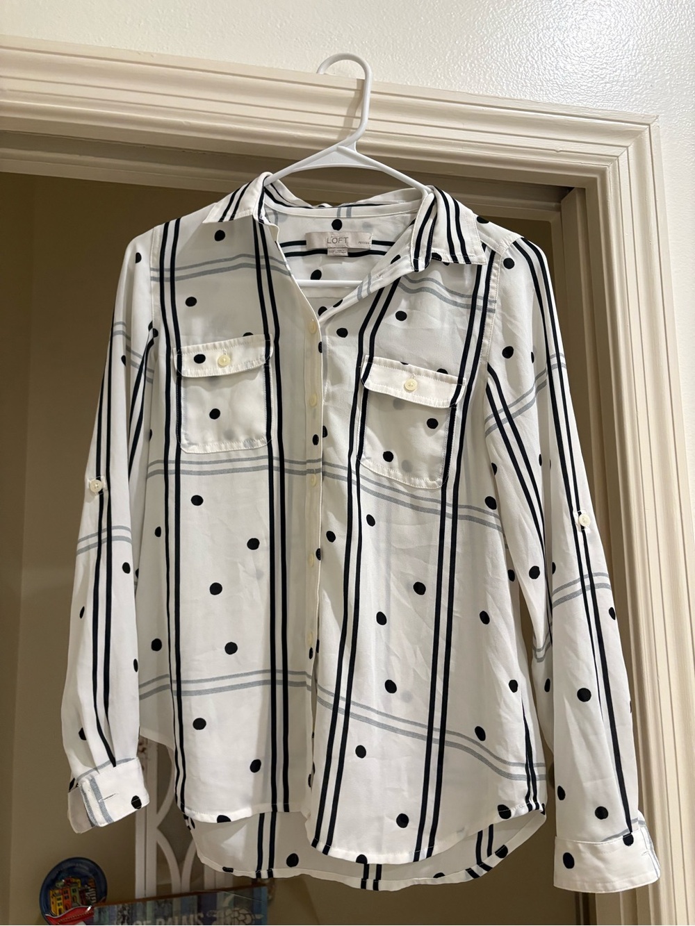 LOFT White Button-Up Blouse with Black Dots and Black Stripes